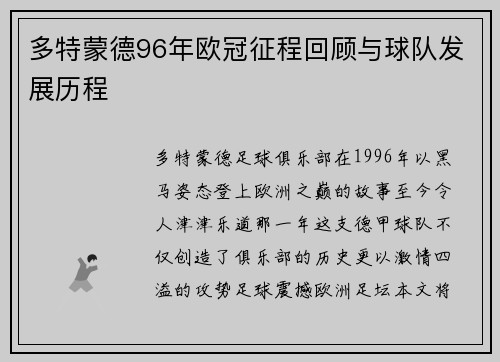 多特蒙德96年欧冠征程回顾与球队发展历程